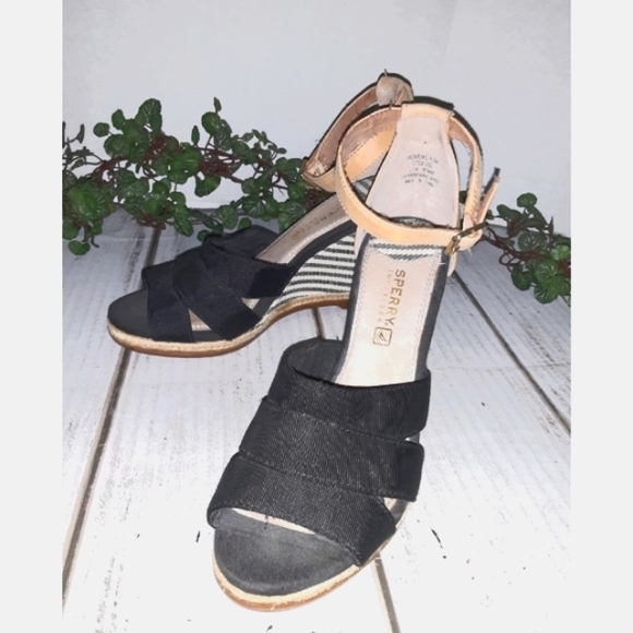 Sperry Top-Sider Striped Ankle Wedge - Black/White - Tan Leather - Picture 12 of 13